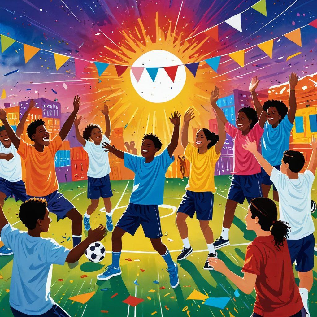 A lively school scene showcasing diverse students participating in various extracurricular activities like sports, music, and art. Joyful expressions on their faces convey happiness and camaraderie. Include colorful decorations and banners in the background representing different events, with a sunny sky above symbolizing positivity. Capture a dynamic atmosphere filled with movement and energy. vibrant colors. super-realistic.