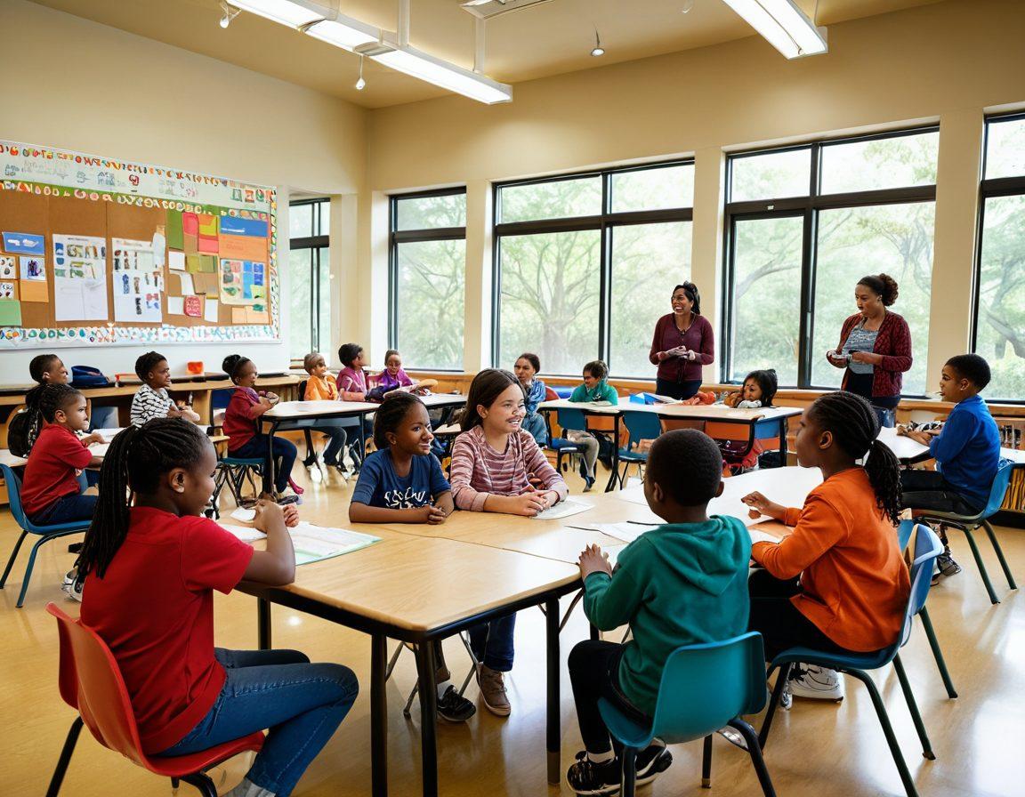 A harmonious gathering scene featuring diverse faculty and engaged parents in a vibrant classroom setting, surrounded by joyful children participating in collaborative activities. Warm colors with natural light streaming in, showcasing a blend of creative learning materials and joyful interactions. Emphasize connection through body language and shared smiles, representing the spirit of teamwork and community. super-realistic. vibrant colors. 3D.